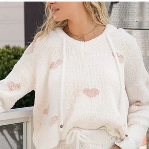 POL Cozy Soft White Pullover Heart Hoodie Large Womens Sweatshirt O78